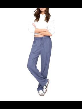 GAP Drawstring And Elastic Waist Tapered Pants in Muted Blue Linen Blend